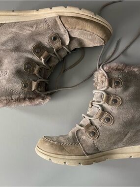 Sorel Explorer Joan Waterproof Leather Mid Winter Boot 10 Grey Faux Fur Snow